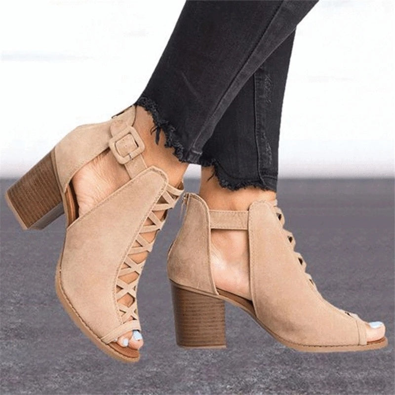 Women High Heels Fish Mouth Sandals Female Cover Chunky Heel Gladiator Sandals 2023