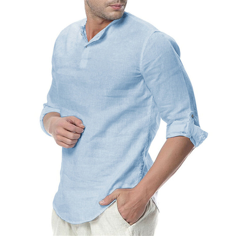 Mens Linen Cotton Henley Shirt Casual Long Sleeve Tops