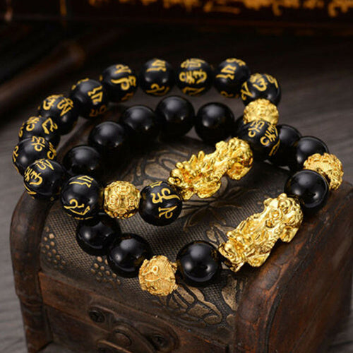 Pi Xiu Bracelets Feng Shui Black Obsidian Fortune Bracelet Beads Women Men Girls Boys Unisex Adjustable Elasticity 10mm