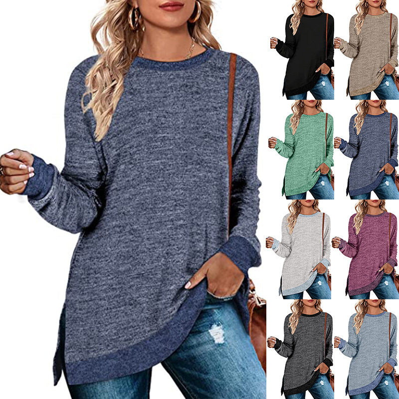 Long Sleeve Round Neck Multicolor Split Top Loose Leisure Pullover T-shirt