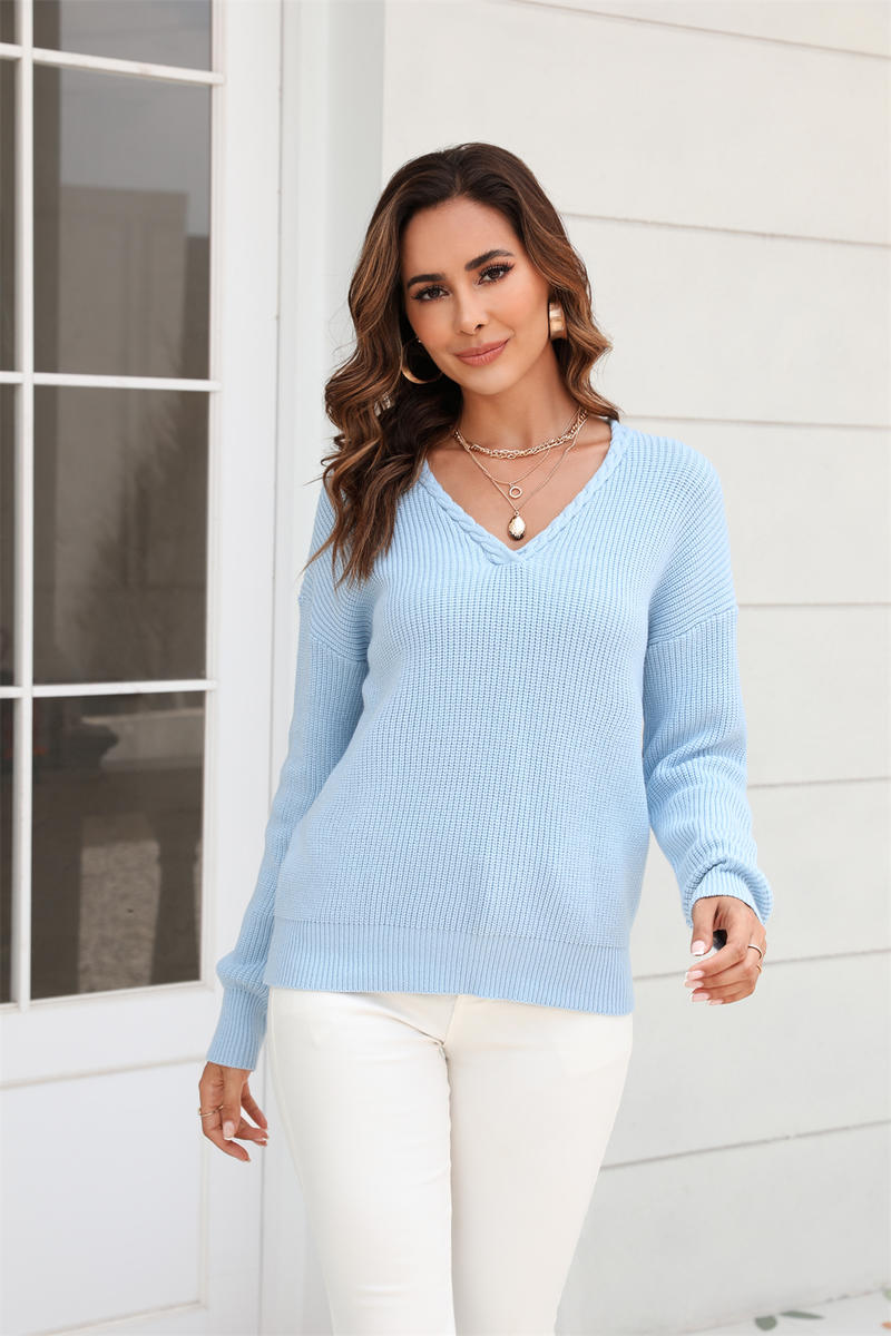 Solid V Neck Long Sleeve Knit Sweater